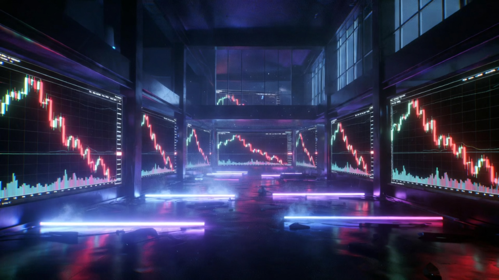 An empty futuristic NFT gallery with fallen price charts, faded neon lights, and digital dust particles floating in the air