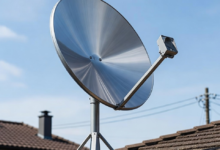 Modern satellite TV dish installed on a residential rooftop for clear signal reception. (Satellite TV Service Providers)