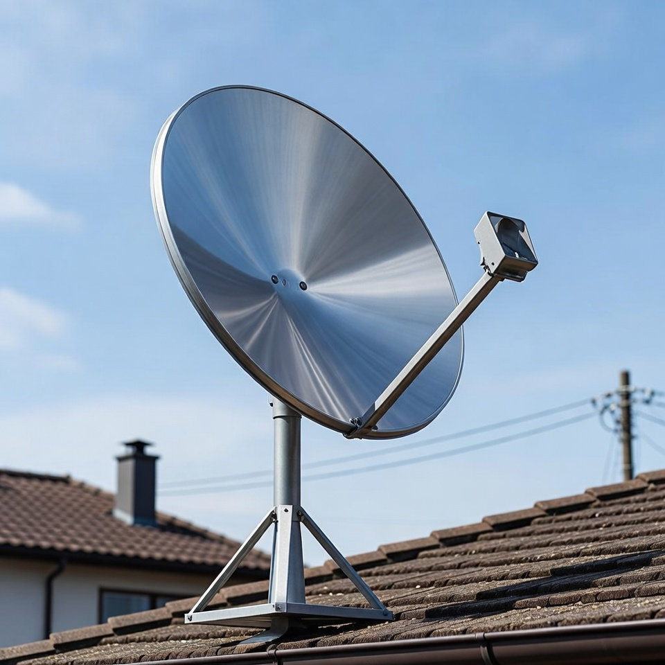 Modern satellite TV dish installed on a residential rooftop for clear signal reception. (Satellite TV Service Providers)