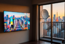 Modern Japanese living room with a 4K TV and a BS satellite dish on the balcony overlooking Tokyo.