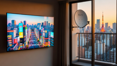 Modern Japanese living room with a 4K TV and a BS satellite dish on the balcony overlooking Tokyo.