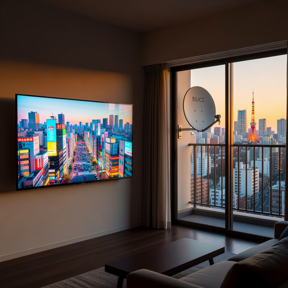 Modern Japanese living room with a 4K TV and a BS satellite dish on the balcony overlooking Tokyo.