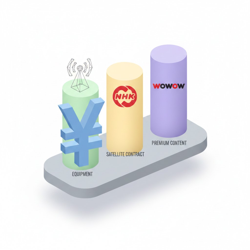 Infographic showing the cost breakdown of Japan BS broadcasting including NHK fees and premium channels.