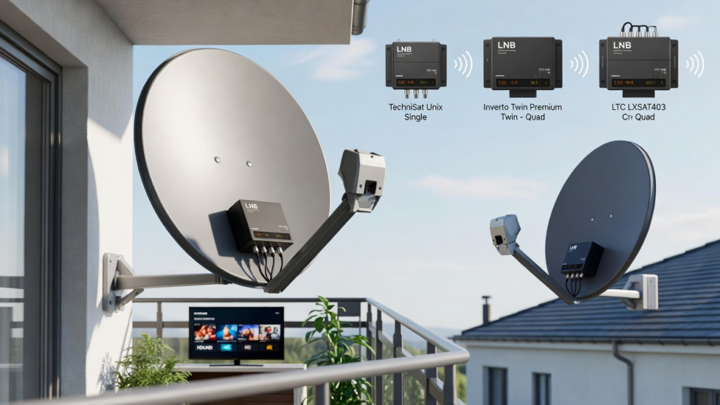 Best Satellite Converters in 2026 - Satellite dish with mounted LNB converter showing Single, Twin, and Quad types for HD, UHD, and 4K TV reception, installed on a balcony and rooftop, with coaxial cables connected and a 4K TV screen in the background.