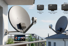 Satellite dish with mounted LNB converter showing Single, Twin, and Quad types for HD, UHD, and 4K TV reception, installed on a balcony and rooftop, with coaxial cables connected and a 4K TV screen in the background.