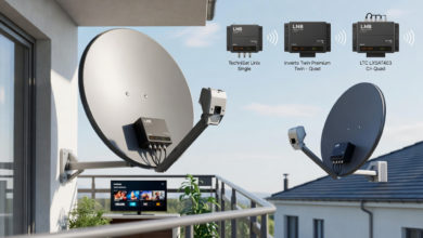 Satellite dish with mounted LNB converter showing Single, Twin, and Quad types for HD, UHD, and 4K TV reception, installed on a balcony and rooftop, with coaxial cables connected and a 4K TV screen in the background.