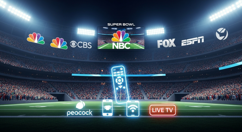 Super Bowl channel 2026 NBC broadcast stadium