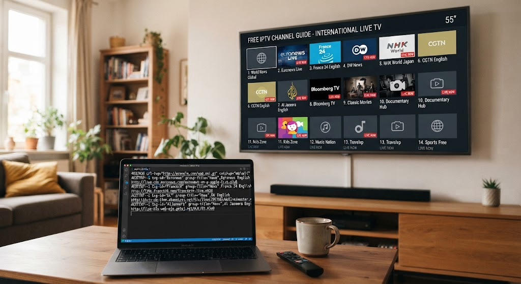 Legal free M3U IPTV playlists on a television and laptop.
